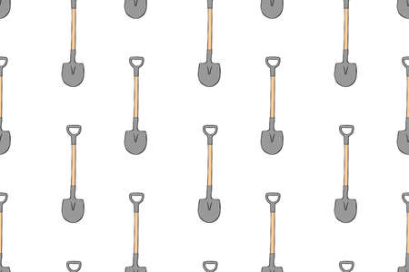 Seamless pattern with garden shovels, spades, scoops. Vector backgrounds and textures with tools for working on the farm, in dacha, country site in flat doodle style. Hand drawn isolated illustration.のイラスト素材