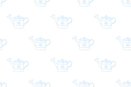 Seamless pattern with watering cans. Hand drawn outline vector background and texture in doodle style, isolated. Gardening tools for working in the garden, on the farm, in the dacha, country site.のイラスト素材