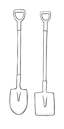Vector black outline of garden shovel, spade, scoop. Tools for working on the farm, in the dacha, country site in the doodle style. Hand-drawn isolated illustration.のイラスト素材