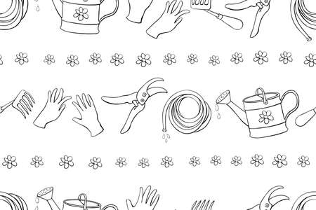 Seamless pattern with outline garden equipments: watering can, rake, hoe, gloves, pruner, hose for irrigation. Vector backgrounds and textures with tools gardening in doodle style.のイラスト素材