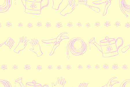 Seamless pattern with outline garden equipments: watering can, rake, hoe, gloves, pruner, hose for irrigation. Vector backgrounds and textures with tools gardening in doodle style.のイラスト素材