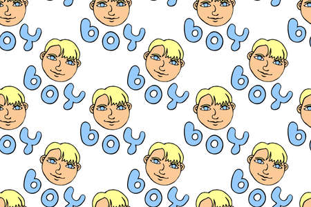 Seamless pattern with cartoon face vector boys and letterings. Hand drawn Doodle head of kids people. Childish texture backdrop.のイラスト素材