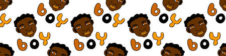 Seamless pattern with cartoon face vector boys and letterings. Hand drawn Doodle head of kids people. Childish texture backdrop.のイラスト素材