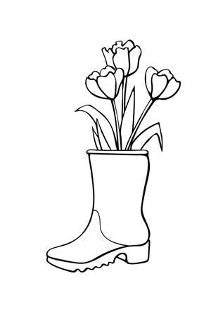 Vector outline spring tulip flowers in rubber rain boots. Cute seasonal spring floral illustration. Shoes as vase. Hand drawn design element, clip art in doodle style, isolated ..のイラスト素材