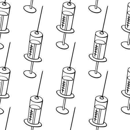 Vector seamless pattern with contour syringes. Hand drawn black outline doodle isolated. Medical background and texture. Equipment, vaccine to treat and protect against virus and vaccination.のイラスト素材