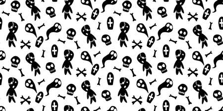 Happy Halloween-seamless pattern with set of characters-zombies, ghosts, skulls and bones. Textured background for greeting card, invitation, party poster, banner.のイラスト素材