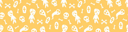 Happy Halloween-seamless pattern with set of characters-zombies, ghosts, skulls and bones. Textured background for greeting card, invitation, party poster, banner.のイラスト素材