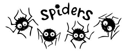 Set of cute vector spiders with lettering. Hand drawn funny insects in doodle flat style isolated on white background. Halloween illustration.のイラスト素材