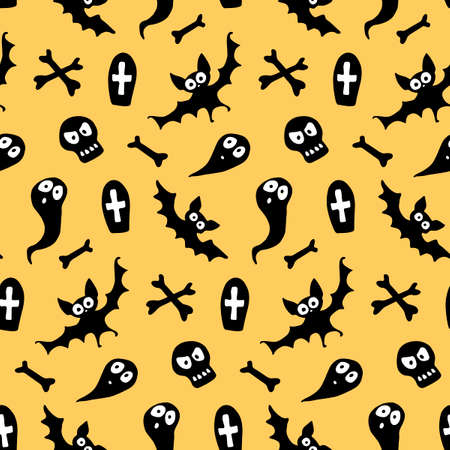 Happy Halloween-seamless pattern with set of characters-bats, ghosts, skulls and bones. Textured background for greeting card, invitation, party poster, banner.のイラスト素材
