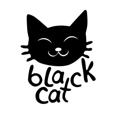Muzzle of cute black cat-vector lettering and illustration in flat style, isolated. Funny icon, clipart, design element, decoration for Halloween, greeting card, template of sticker or badge.のイラスト素材
