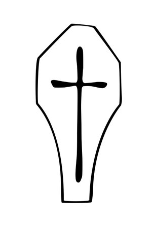 Outline coffin with a cross in doodle style. Vector simple illustration on a white background. Icon, clipart on theme of Halloween, death, funeral.のイラスト素材
