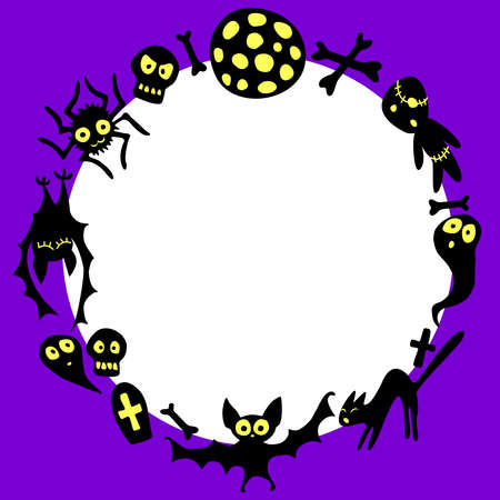 Happy Halloween-round frame of holiday design characters-cat, zombie, skull, spider, bat, ghost. Festive border, title for greeting card, invitation, party poster, banner.のイラスト素材