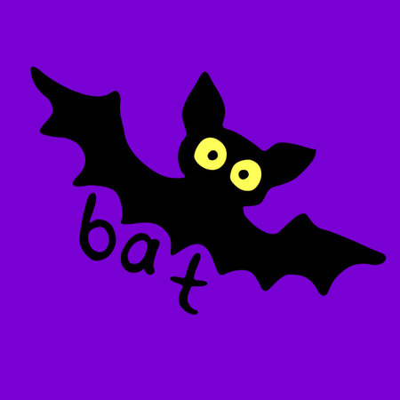 Cute bat with glowing eyes drawn in cartoon flat style. Vector black silhouette isolated. For...