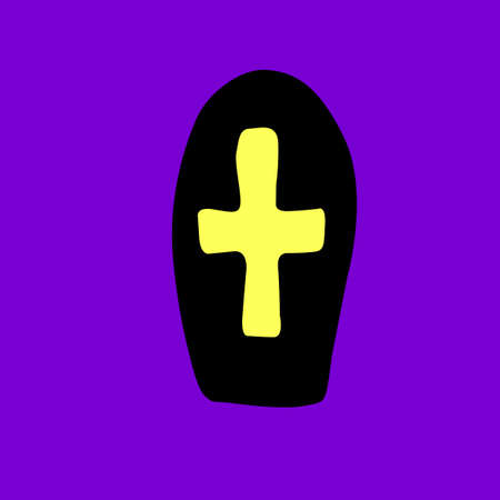 Grave, tombstone, tomb with a cross in flat style. Vector black silhouette, icon, clipart isolated on dark purple background. Theme of Halloween, death, dead, funeral.のイラスト素材