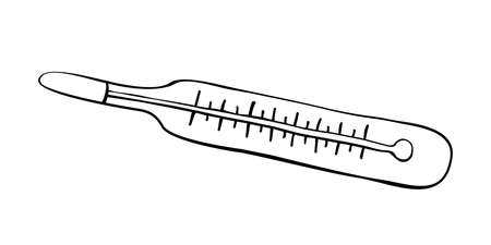 Vector outline mercury thermometer in doodle style. Medical design element, clipart. Theme of medicine, pandemic, health care, treatment.のイラスト素材