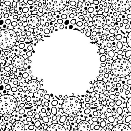 Background, frame, border from molecules, cells of virus, bacteria. Pandemic, epidemic covid-19. Concept of quarantine coronavirus, vaccination. Vector hand drawn outline doodle isolated.のイラスト素材