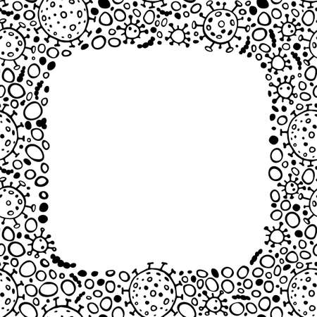 Background, frame, border from molecules, cells of virus, bacteria. Pandemic, epidemic covid-19. Concept of quarantine coronavirus, vaccination. Vector hand drawn outline doodle isolated.のイラスト素材