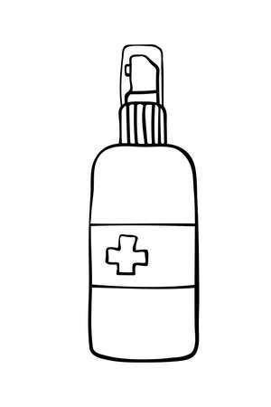 Template bottle spray hand sanitizer. Personal hygiene product. Antiseptic dispenser disinfects, protects coronavirus bacteria. Vector outline icon in flat doodle style isolated.のイラスト素材