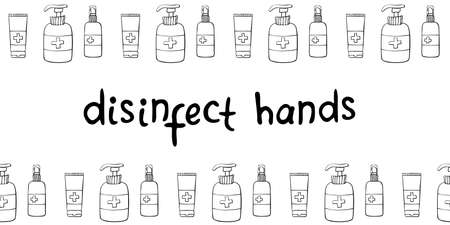 Seamless pattern with hand sanitizer. Personal hygiene products. Antiseptic dispensers disinfects, protects coronavirus bacteria. Vector outline background and texture in flat doodle style isolated.のイラスト素材