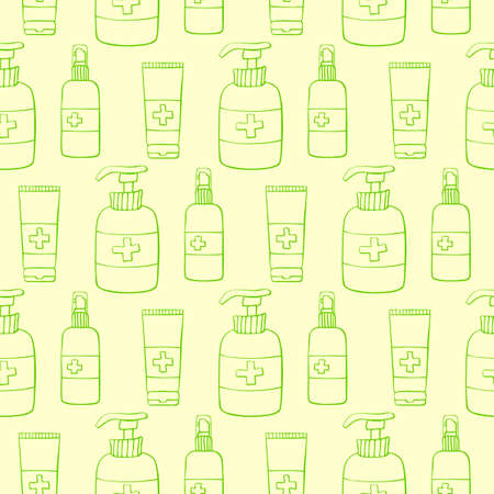 Seamless pattern with hand sanitizer. Personal hygiene products. Antiseptic dispensers disinfects, protects coronavirus bacteria. Vector outline background and texture in flat doodle style isolated.のイラスト素材
