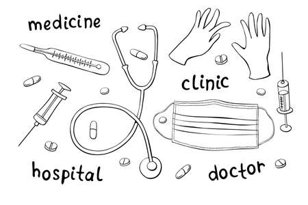 Set of medicine items and lettering. Vector hand drawn outline illustration in doodle style. Symbols of doctors, hospitals, clinics, treatment, medical care.のイラスト素材
