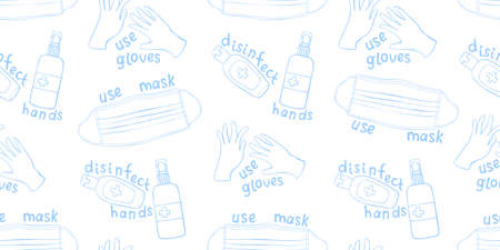 Seamless pattern with Medical personal protective equipment against coronavirus. Face mask, antiseptic, gloves with letterings. Vector outline background and texture in flat doodle style isolated.のイラスト素材