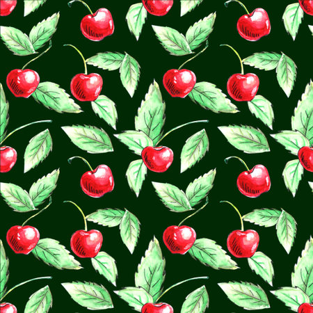 Seamless pattern of watercolor single Cherries on green background. Hand drawn bright texture,...