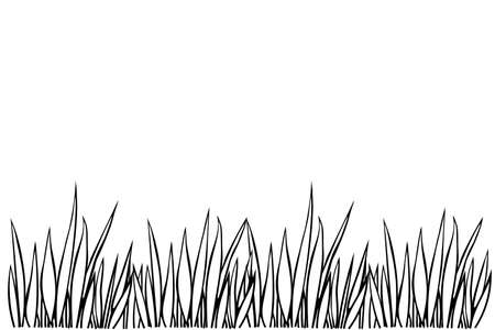Vector black outline of the grass isolated on white background. Herbal Border, horizontal bottom edging, lawn panoramic landscape. Template, design element for coloring, postcard, illustration.のイラスト素材