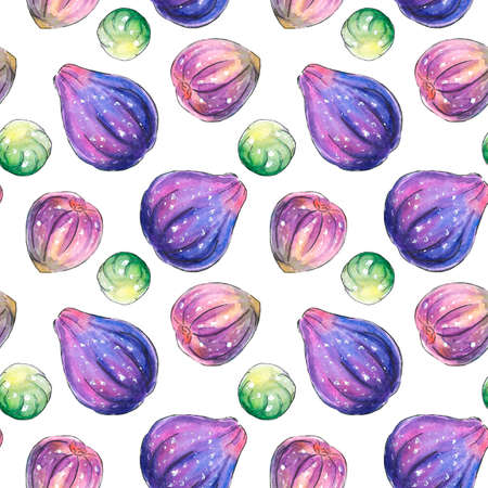 Seamless pattern of watercolor figs on the white background. Hand drawn bright backdrop texture, images of berry, fruit in sketch style. For invitations, scrapbooking, food design.の写真素材