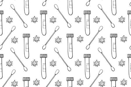 Test tube, beaker with swab and molecule virus isolated on white background. Covid-19 test. Blood samples. Flu analysis for laboratory. Vector outline doodle illustration.のイラスト素材