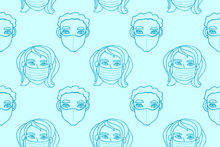 Vector seamless pattern with outline of people wearing medical protective mask. Virus prevention measures.のイラスト素材