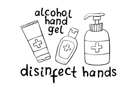 Set of bottles gel hand sanitizer. Personal hygiene products. Antiseptic dispenser disinfects, protects coronavirus bacteria. Vector outline icon in flat doodle style isolated.のイラスト素材