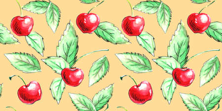 Seamless pattern of watercolor single Cherries on yellow background. Hand drawn bright texture, images of berry in sketch style.の写真素材