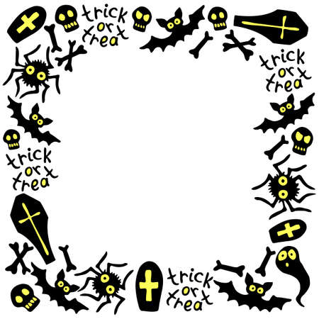Happy Halloween-round square frame of holiday design characters-cat, zombie, bones, skulls, spider, spider web, bat, tombstone, ghosts. Trick or treat-lettering. Festive border, background or title for greeting card, invitation, party, poster, banner.のイラスト素材