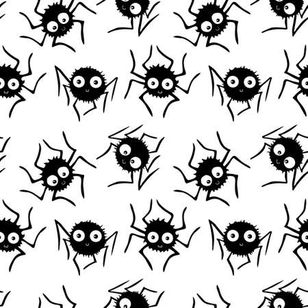 Seamless pattern of cute little spiders with eyes. Halloween vector backgrounds and textures. Black and white, isolated, hand drawn illustration.のイラスト素材