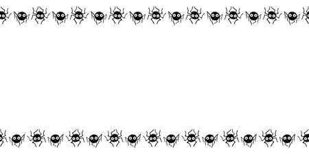 Background, frame for Halloween with cute outline spiders in flat style. Horizontal top and bottom edging, border, decoration for greeting card, invitation, party poster, banner.のイラスト素材