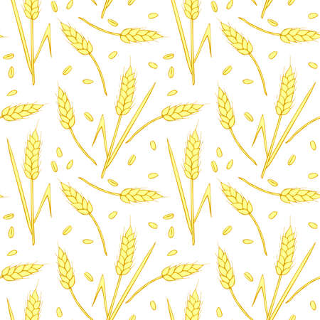 Wheat spikelets and grains, vector seamless pattern in flat style, isolated. Design of print, wrapping paper, packaging on theme of bakery products, flour, harvest, thanksgiving.のイラスト素材