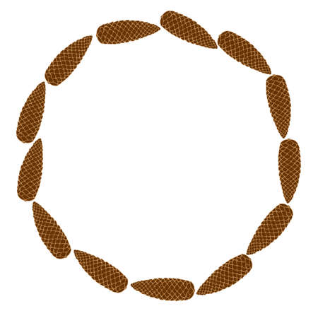 Vector wreath of brown fir spruce cone. Round frame in flat style, isolated. Theme of happy fall, nature, forest, christmas, thanksgiving.のイラスト素材