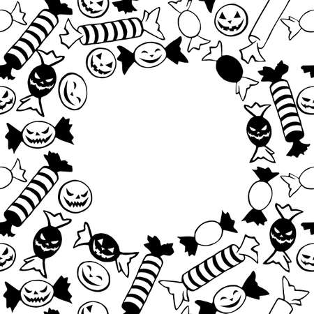 Vector frame of scattered outline flat candies in different wrappers in style of Halloween. Long striped lollipops and sweet wrappers with scary faces. Festive border, decoration, black and whiteのイラスト素材