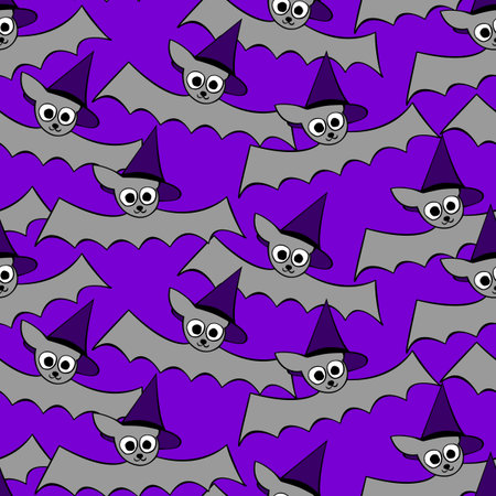 Vector seamless pattern with cute flying bats in witch hats. Halloween texture in cartoon, flat,...