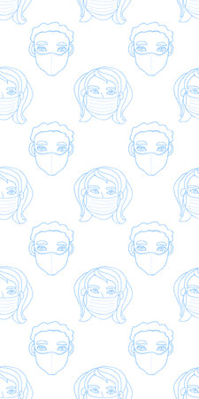 Vector seamless pattern with outline of people wearing medical protective mask. Virus prevention measures.  Hand drawn texture in cartoon style doodle.のイラスト素材