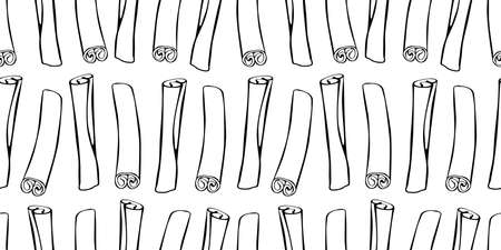 Vector seamless pattern of contour cinnamon stick in doodle style. Background or texture with seasoning, spice, ingredient for baking, hot drinks, aromatherapy, cookingのイラスト素材