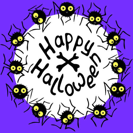 Happy Halloween-lettering in round Frame of cute little spiders with glowing eyes. Holiday vector poster, isolated, hand drawn illustration in flat styleのイラスト素材