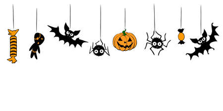 Vector Halloween background with hanging flat traditional elements - pumpkin, jack lantern, zombie, spider, bat, candy. Seamless pattern of border, decoration, divider or frameのイラスト素材
