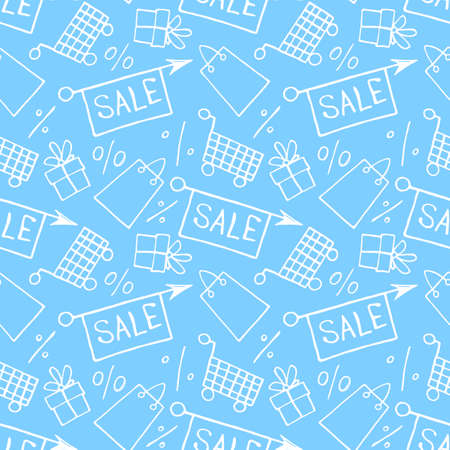 Vector seamless pattern with inscriptions and symbols Sale. Hand drawn background and texture on theme of Black Friday, discounts, shopping and special offers.のイラスト素材
