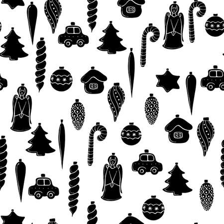 Vector seamless pattern with black silhouettes glass toys, decorations for xmas tree, flat style. Festive backgrounds and textures for Merry Christmas and happy New Yearのイラスト素材
