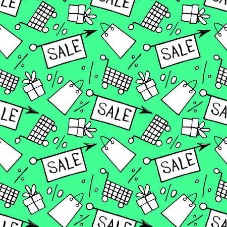 Vector seamless pattern with inscriptions and symbols Sale. Hand drawn background and texture on theme of Black Friday, discounts, shopping and special offers.のイラスト素材