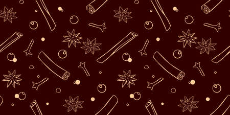 Vector seamless pattern of cinnamon sticks, star anise, carnation, pepper in doodle style. Background or texture of seasonings, food additive, spicesのイラスト素材