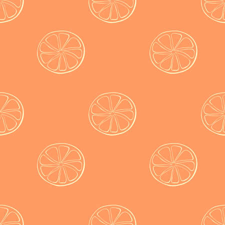 Vector seamless pattern of outline sliced circle of citrus fruit in doodle style. Slice of tangerine lemon orange lime grapefruit, isolated background and textureのイラスト素材