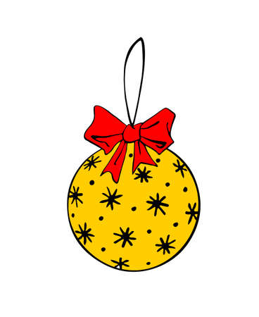 Vector hand drawn color Christmas tree ball with bow and snowflakes. Decoration for Xmas and New year holidays. Template for kids creativity.のイラスト素材